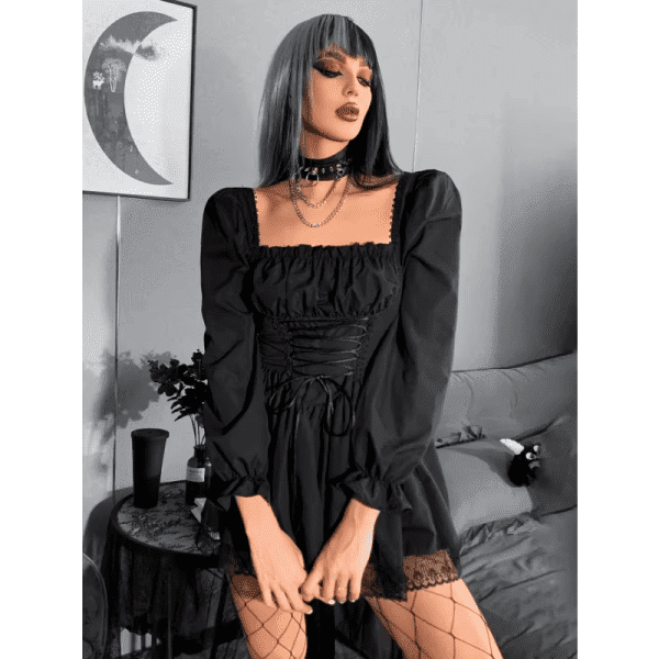 Gothic Women Dress Long Sleeve Dresses Lolita Black Dress Puff Sleeve High Waist Vintage Bandage Lace Trim Party Clothes Dresses - Image 3