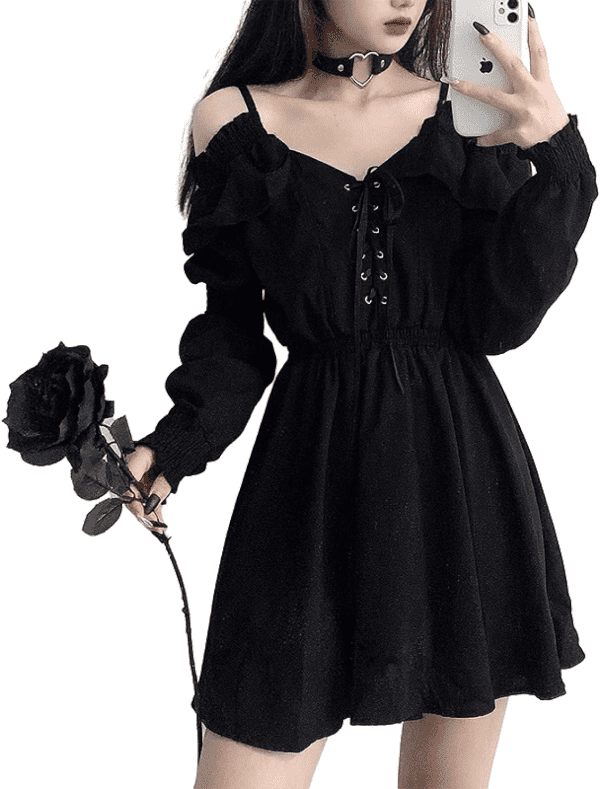 Gothic Dress Women'S Dress plus Size Lace Autumn Dress Strapless Long Sleeve Kawaii Black Dress