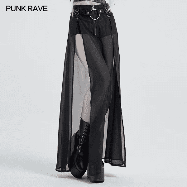 Women'S Punk High Waist Fake Two-Pieces Half Skirt Simple Style Split Hem Sexy Perspective Chiffon Women Long Skirts - Image 2