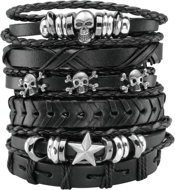 6Pcs Men Braided Leather Bracelet Black Punk Rock Skull Bracelet