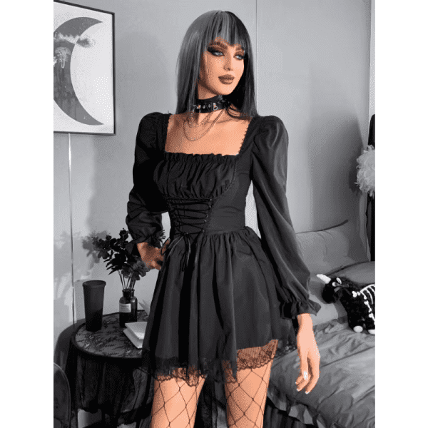 Gothic Women Dress Long Sleeve Dresses Lolita Black Dress Puff Sleeve High Waist Vintage Bandage Lace Trim Party Clothes Dresses - Image 4