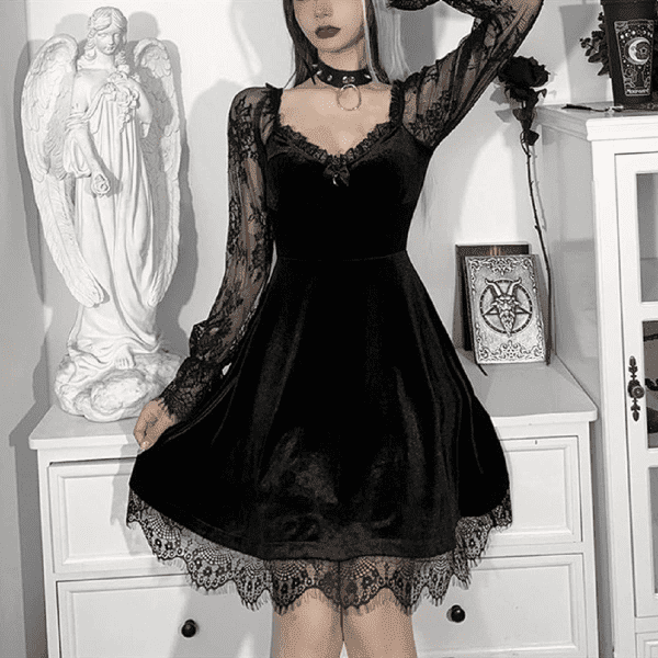 Women Gothic Lolita Dresses Black Vintage Grunge Long Sleeve Dress Lace Punk Goth Dresses(B-Black Lace,S) - Image 5