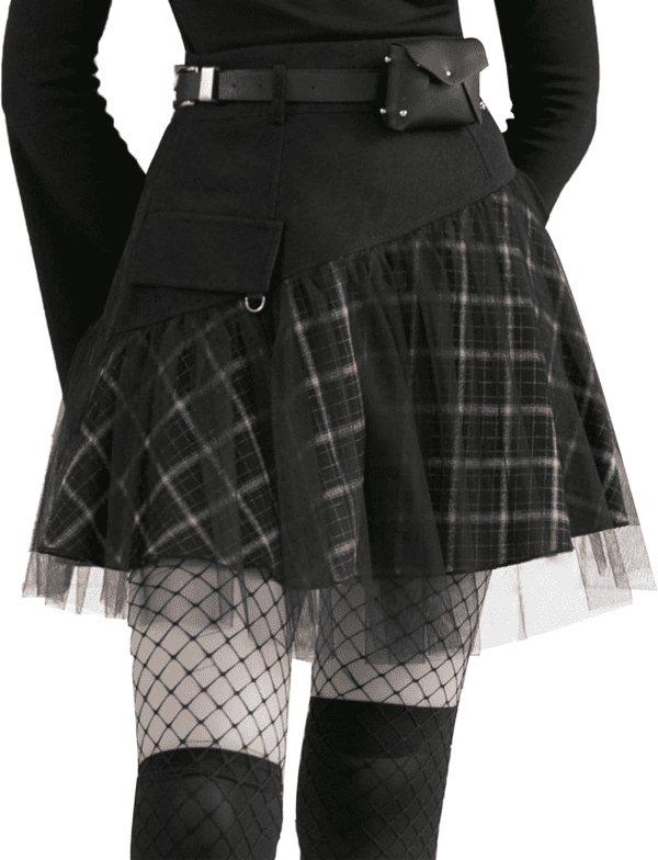 Women Gothic Skirts Women Goth Mini Plaid Skirt with Tulle Punk Dunk High Waist A-Line Party Skirt