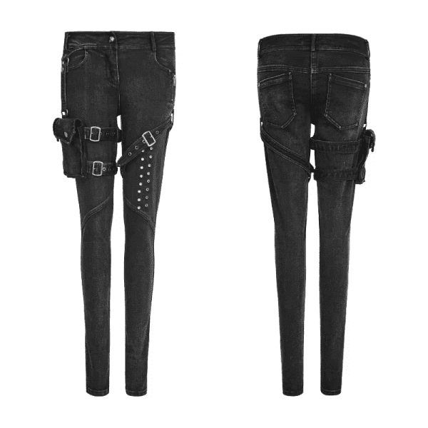 New Big Trousers Pocket Rivet Button Belt Punk Rock Jeans Lady Skinny with High Waist Black Denim Pants for Women - Image 5