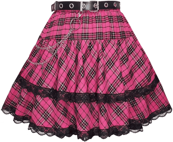 Women'S High Waisted Short A-Line Flare Gothic Black Purple Pink Plaid Pleated Skirt - Image 3