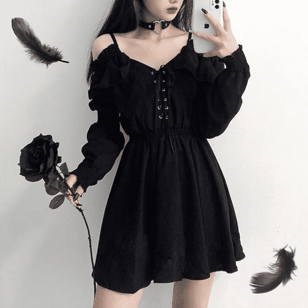 Gothic Dress Women'S Dress plus Size Lace Autumn Dress Strapless Long Sleeve Kawaii Black Dress - Image 2