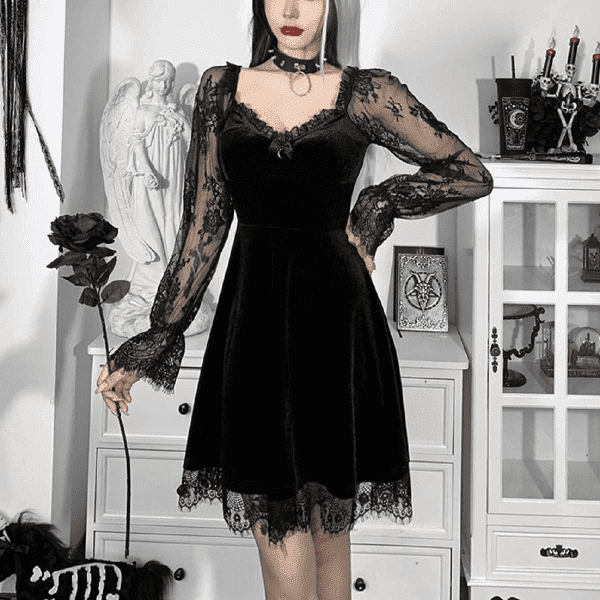 Women Gothic Lolita Dresses Black Vintage Grunge Long Sleeve Dress Lace Punk Goth Dresses(B-Black Lace,S) - Image 2