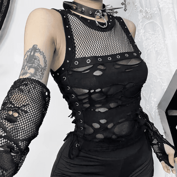 Goth Mall Gothic Vest Women Sexy Hole See through Lace-Up Crop Tank Tops Streetwear Cyber Punk New Fashion Rave Outfits - Image 4