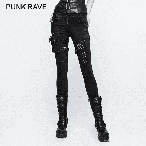 New Big Trousers Pocket Rivet Button Belt Punk Rock Jeans Lady Skinny with High Waist Black Denim Pants for Women - Image 2