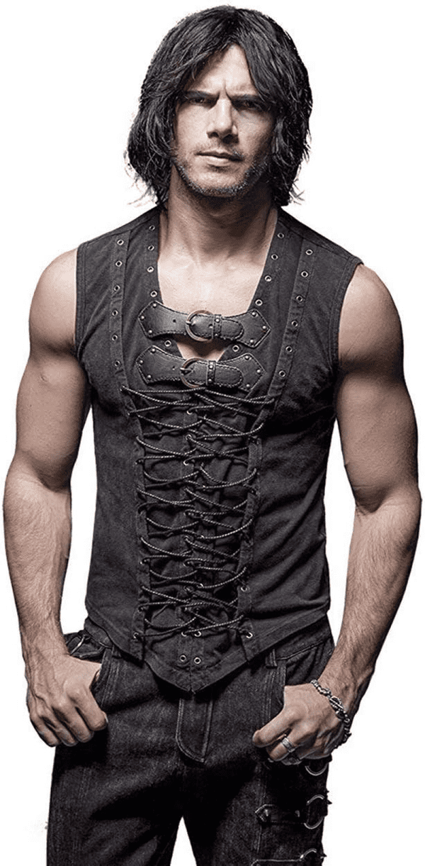 Man Cotton Leather Belt Sleeveless T-Shirt Front Strap Vest Bandage Casual Tank Tops Steampunk Vest - Image 2