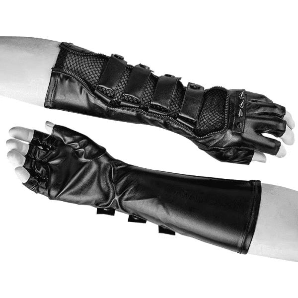 Steampunk Black Locomotive Men Long Gloves Gothic Fashion Rock Rivets Mesh+Pu Leather Coated Male Rivet Glove One Pair