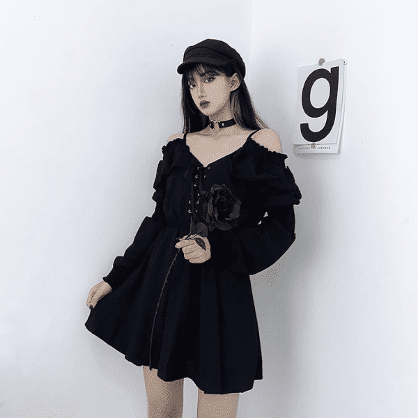 Gothic Dress Women'S Dress plus Size Lace Autumn Dress Strapless Long Sleeve Kawaii Black Dress - Image 5