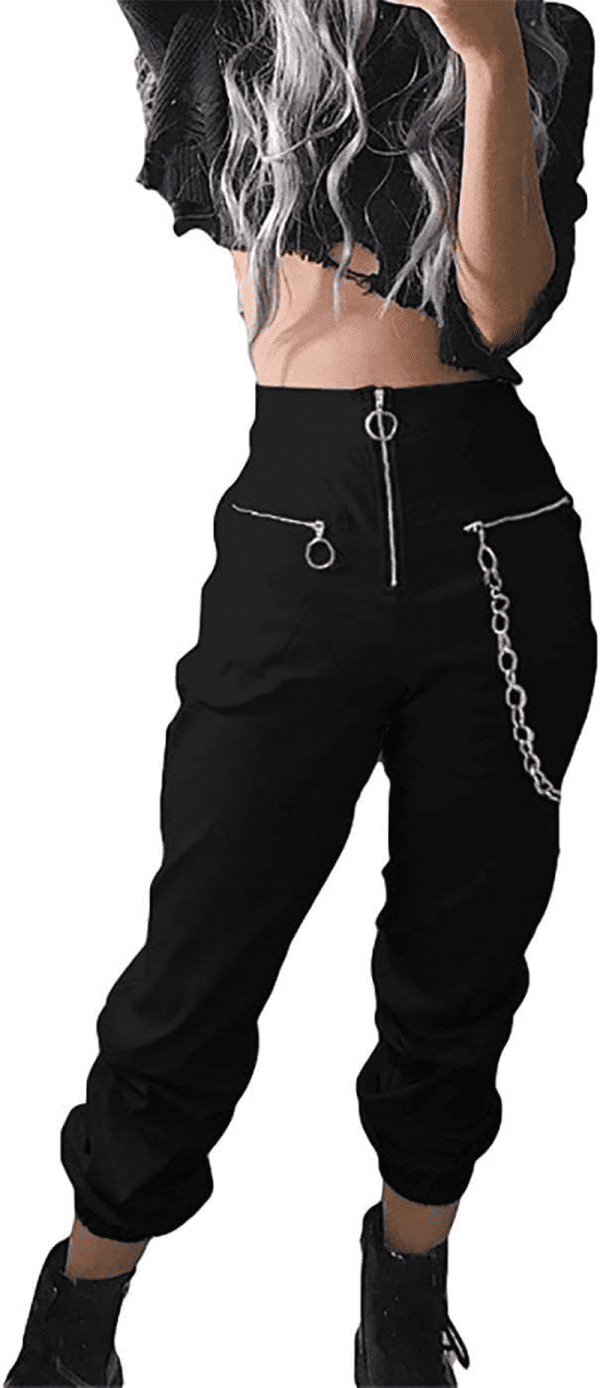 Women'S Chain Cargo Pants Goth Fit High Waist Black Trousers Streetwear Punk Pants for Women a Black Xx-Large