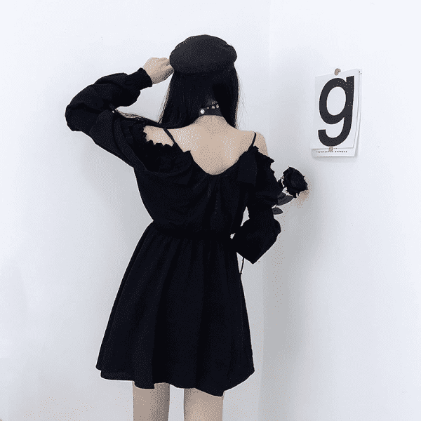 Gothic Dress Women'S Dress plus Size Lace Autumn Dress Strapless Long Sleeve Kawaii Black Dress - Image 4