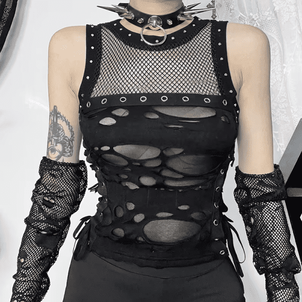 Goth Mall Gothic Vest Women Sexy Hole See through Lace-Up Crop Tank Tops Streetwear Cyber Punk New Fashion Rave Outfits