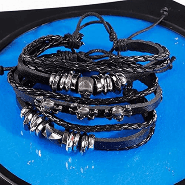 6Pcs Men Braided Leather Bracelet Black Punk Rock Skull Bracelet - Image 4