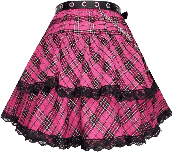 Women'S High Waisted Short A-Line Flare Gothic Black Purple Pink Plaid Pleated Skirt - Image 4