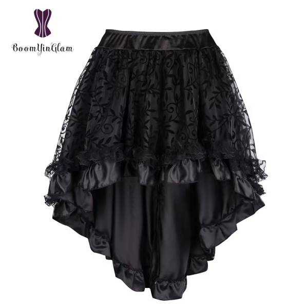 Women'S Lace Steampunk Gothic Vintage Satin High Low Corset Skirt with Zipper Black/Brown 937# - Image 3