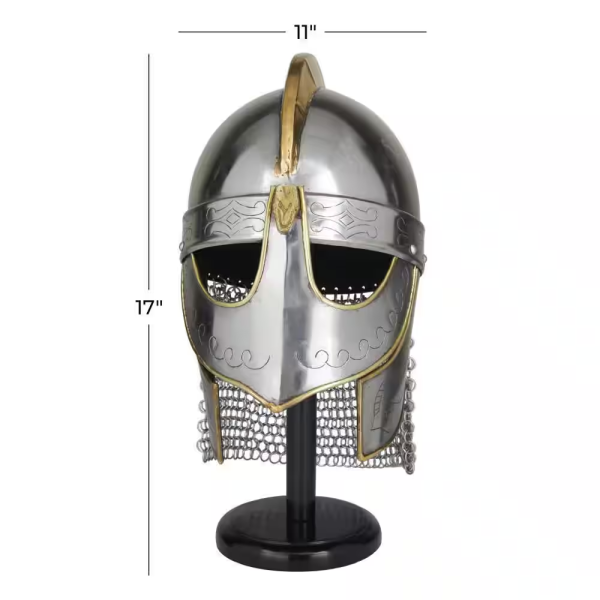 Silver Metal Replica Medieval Knight Crusader Helmet with Black Wood Stand and Chainmail - Image 5