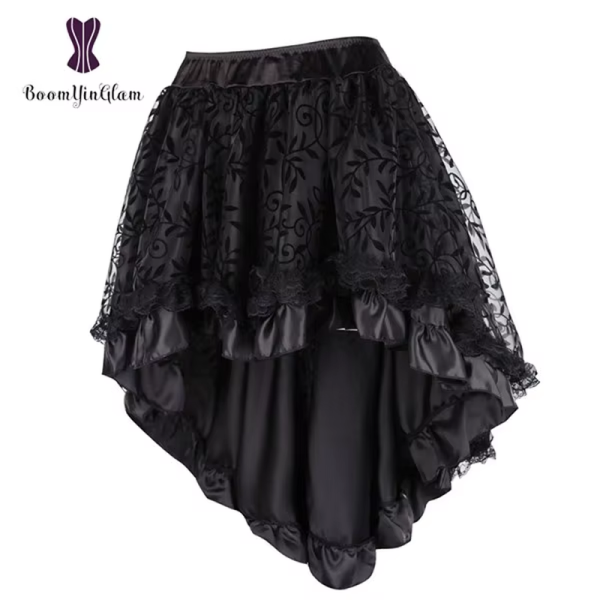 Women'S Lace Steampunk Gothic Vintage Satin High Low Corset Skirt with Zipper Black/Brown 937#