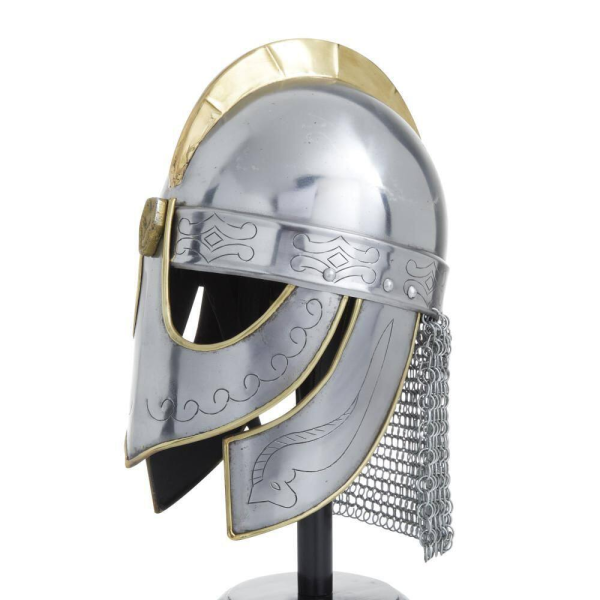 Silver Metal Replica Medieval Knight Crusader Helmet with Black Wood Stand and Chainmail - Image 7