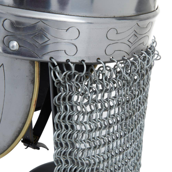 Silver Metal Replica Medieval Knight Crusader Helmet with Black Wood Stand and Chainmail - Image 3