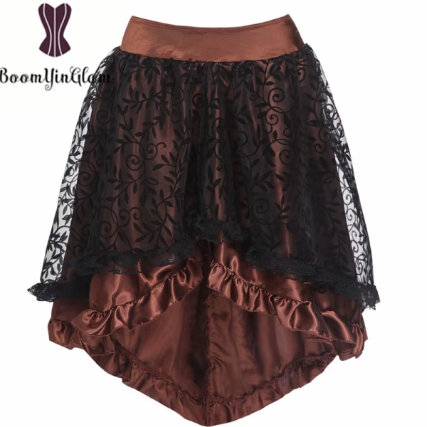 Women'S Lace Steampunk Gothic Vintage Satin High Low Corset Skirt with Zipper Black/Brown 937# - Image 5