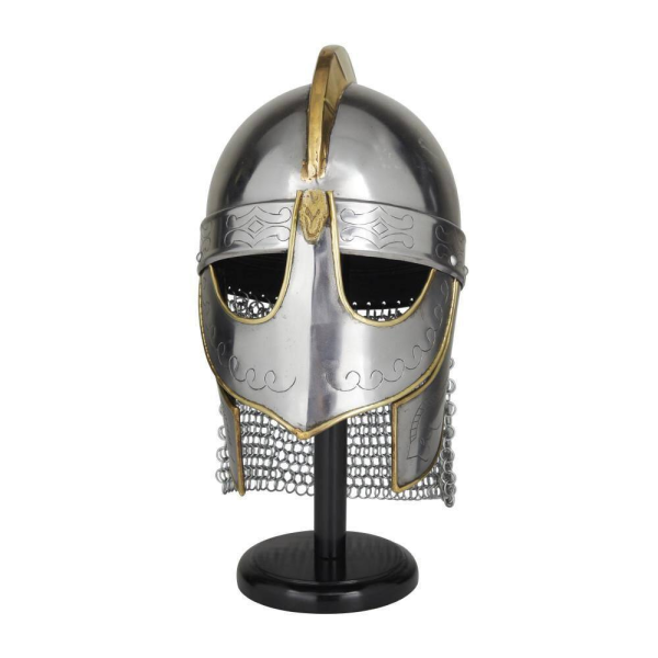 Silver Metal Replica Medieval Knight Crusader Helmet with Black Wood Stand and Chainmail - Image 6