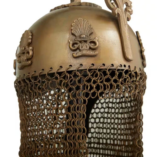 Brass Metal Replica Medieval Ottoman Islamic Helmet with Black Wood Stand and Chainmail - Image 5