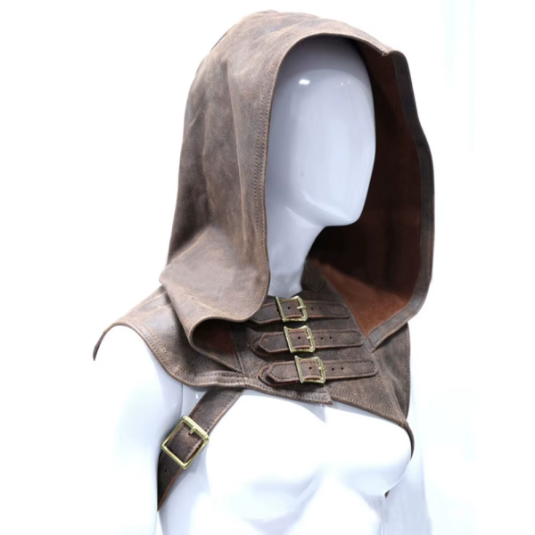 Medieval Retro Button Shoulder Protection PU Leather Hoodie for Stage Performance