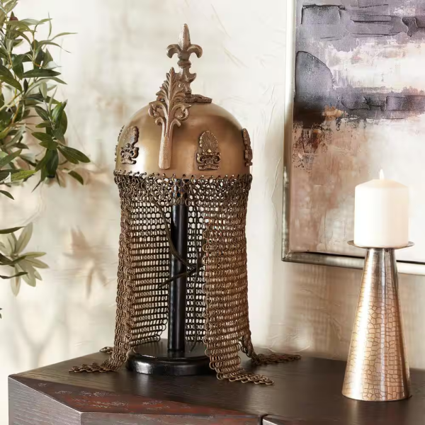 Brass Metal Replica Medieval Ottoman Islamic Helmet with Black Wood Stand and Chainmail - Image 9