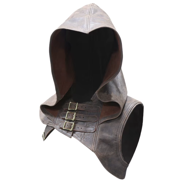 Medieval Retro Button Shoulder Protection PU Leather Hoodie for Stage Performance - Image 3