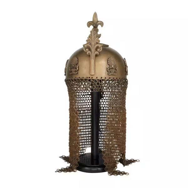 Brass Metal Replica Medieval Ottoman Islamic Helmet with Black Wood Stand and Chainmail