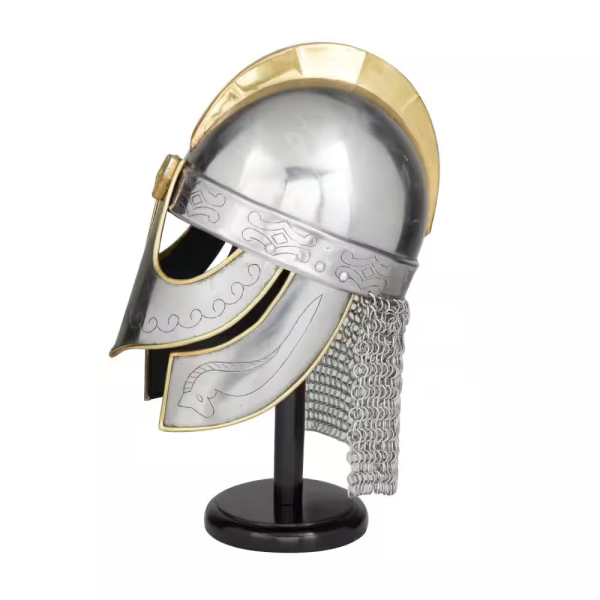 Silver Metal Replica Medieval Knight Crusader Helmet with Black Wood Stand and Chainmail