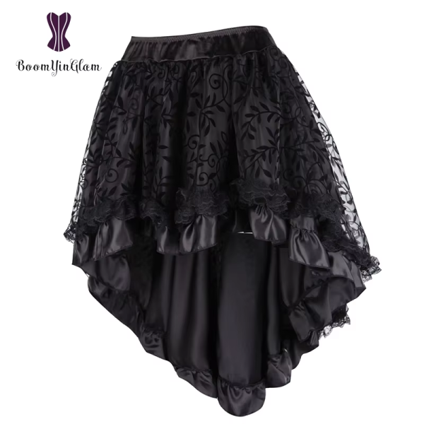 Women'S Lace Steampunk Gothic Vintage Satin High Low Corset Skirt with Zipper Black/Brown 937# - Image 2