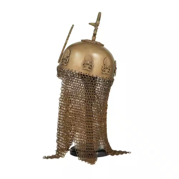 Brass Metal Replica Medieval Ottoman Islamic Helmet with Black Wood Stand and Chainmail - Image 3