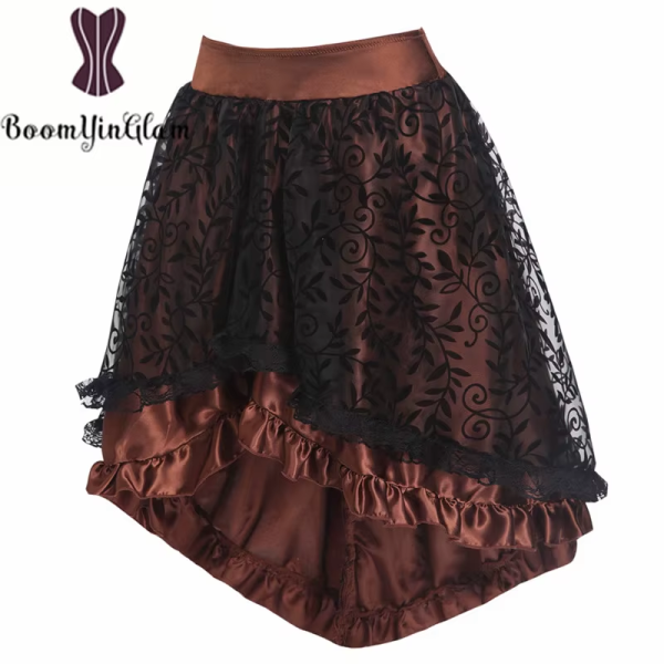 Women'S Lace Steampunk Gothic Vintage Satin High Low Corset Skirt with Zipper Black/Brown 937# - Image 6